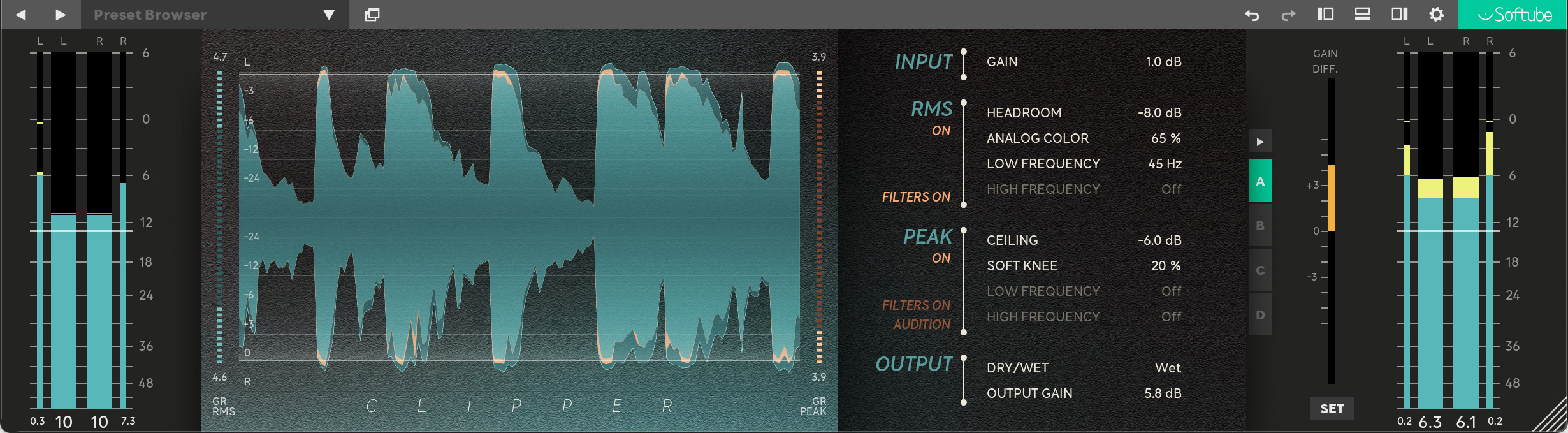 From left to right: input meters and level, RMS gain reduction meter, waveform meter, Peak gain reduction meter, main controls, and lastly gain difference meter with automatic gain ("set") and output metering.