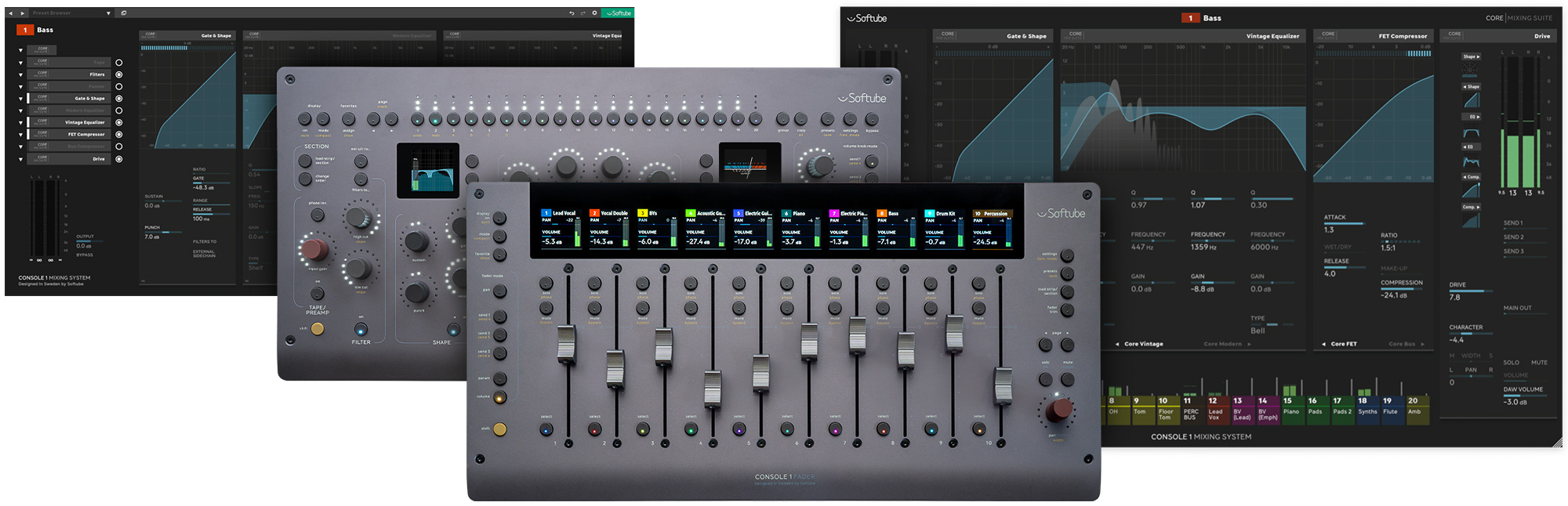 The three parts of Console 1, from left to right: the plug-in window, the hardwares, and the On-Screen Display application.