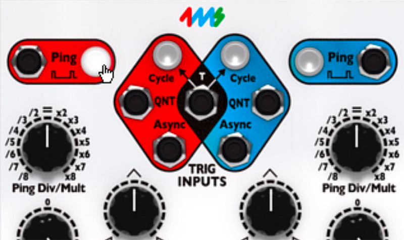 1. Set the tempo of an envelope channel by repeatedly clicking on one of the ping buttons at the top of the PEG module. “Pinging” an envelope channel will set the internal tempo for that envelope and determine its overall length. An envelope channel can also be “pinged” by patching an external clock into its Ping input jack.