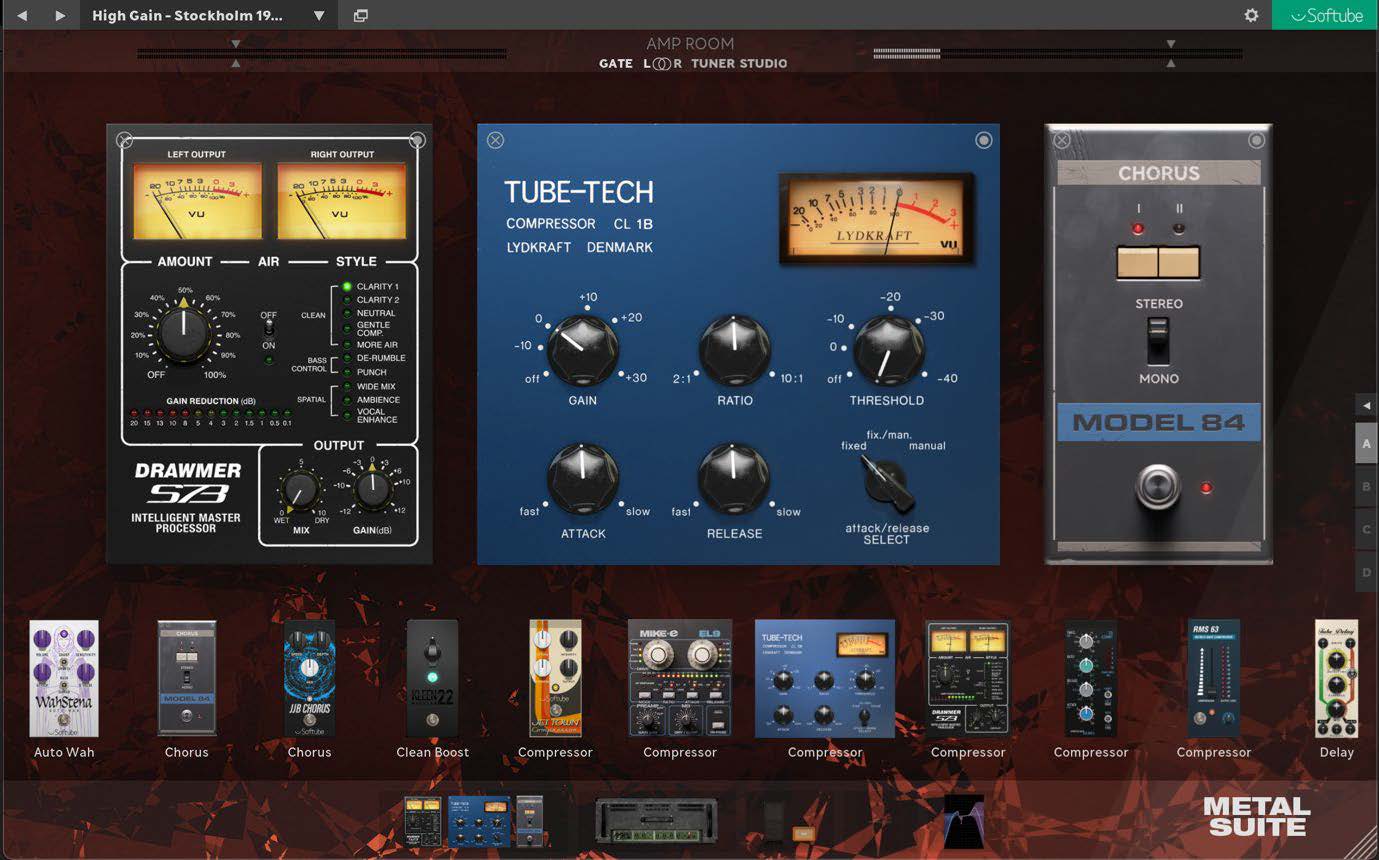 Image shows Amp Room Ready examples: Drawmer S73, Tube Tech CL1B and a chorus effect from the Model 84 synthesizer.