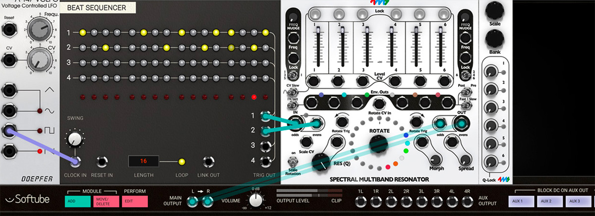 Trigger the SMR with the Beat Sequencer and use a high Q value to create a rhythmic "ping".