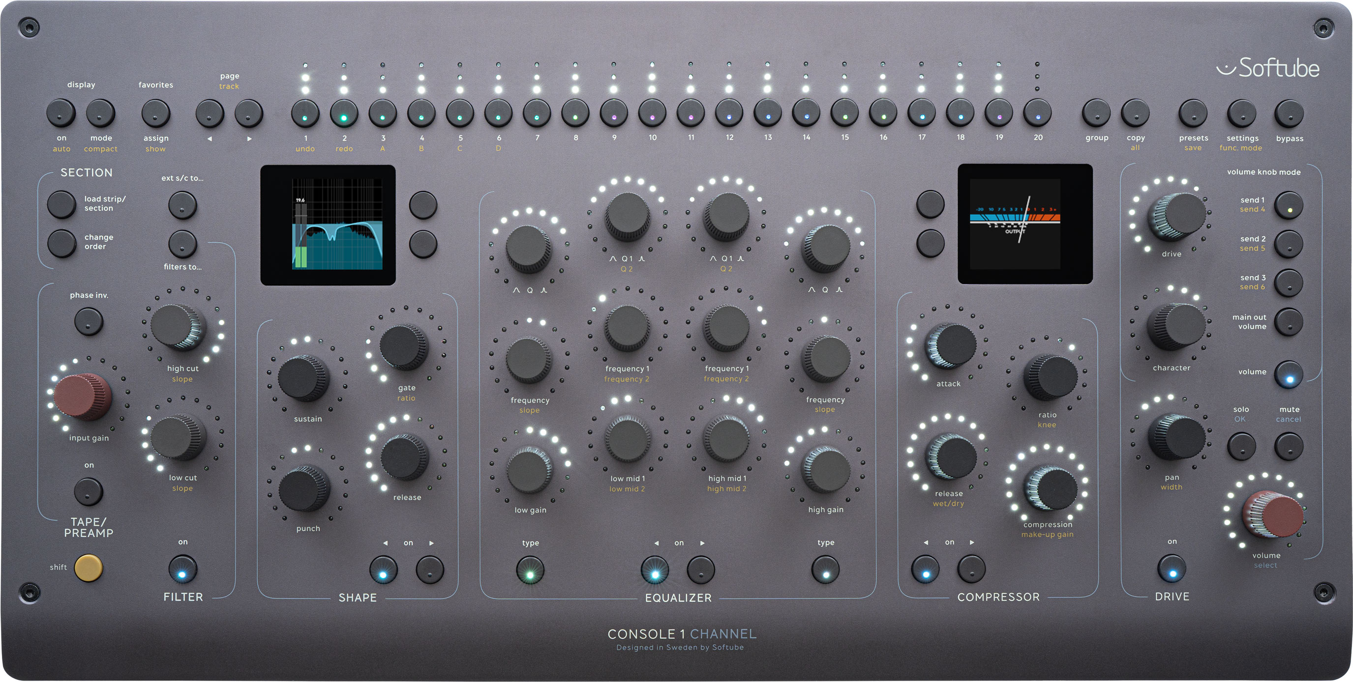 The Console 1 Channel Mk III hardware. Top Row: global functionality and track selectors, below those are the buttons to change sections and section order and change the displays. Further down you’ll find the different processing sections. On the lower left is the yellow Shift button, and on the lower right the red Volume control.