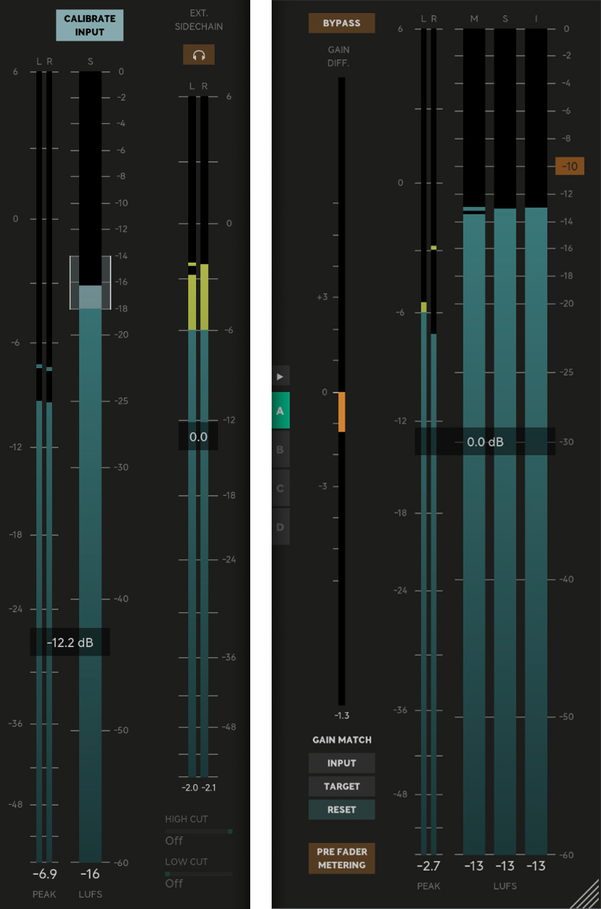 Input meters: peak and LUFS with automatic "calibrate input" button above. Peak levels of the sidechain input to the right. The output meters have automatic gain compensation, and shows peak and LUFS metering.
