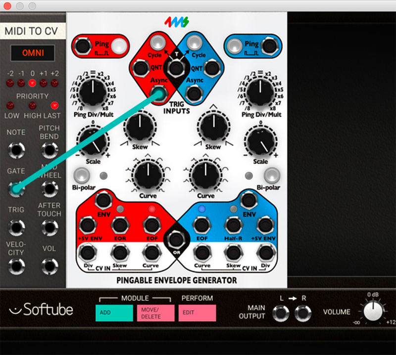2. Use the pinged envelope channel as a rise-sustain-fall (same as an ordinary ASR) envelope by patching a gate into the Async jack. Now, when a gate appears on the Async jack, the rise-portion of the envelope will play through and the envelope will then stay at its maximum level (i e sustain level) until the gate is released. When the gate is released, the fall-portion of the envelope will be initiated and played through.