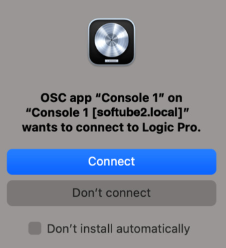 Console 1 asks for permission to connect to Logic Pro. Make sure to only connect to your own computer (“softube2”) in this example.