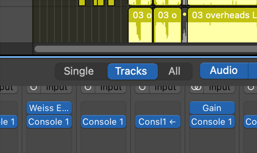 Only tracks visible in the mixer can be controlled by Console 1. "Single", "Tracks", and "All" changes which tracks are shown.