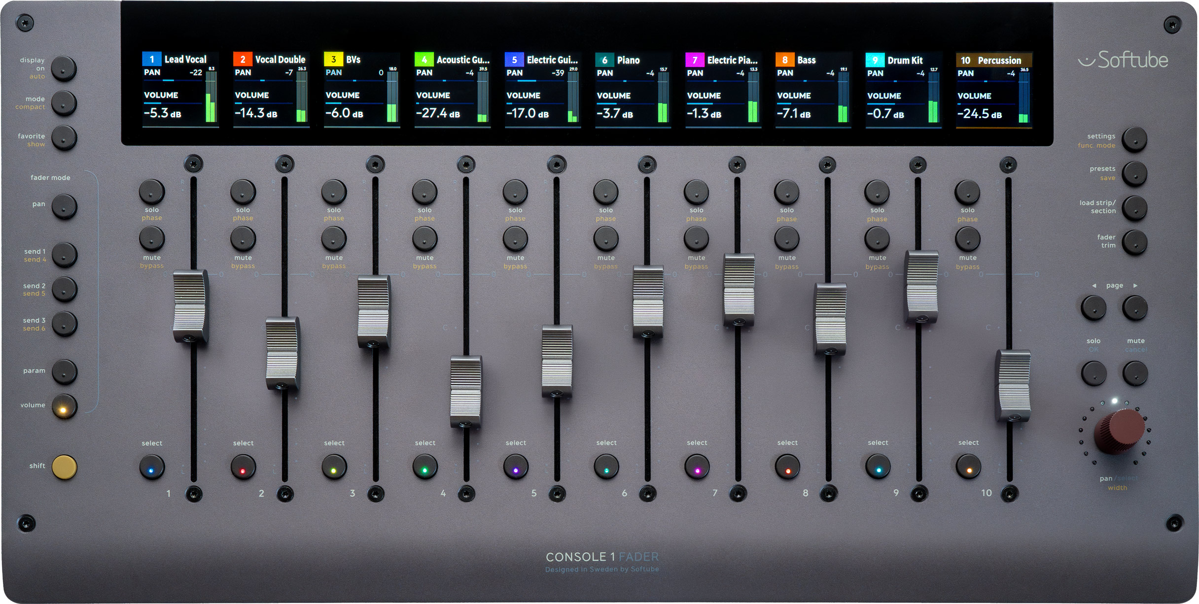 The Console 1 Fader Mk III hardware. Left row: global functions and fader modes. Middle section: ten motorized faders with buttons for track selection, Solo, Mute, Phase Invert and Bypass. Right row: global functions, page banking and the red Pan knob.