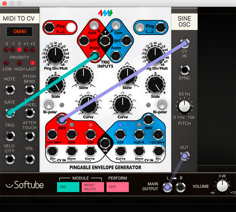 3. PEG does not normally produce sound on its own, so patch the PEG Envelope CV output to the whatever module you want to modulate. This could be the pitch of a oscillator, the cutoff frequency of a filter or a voltage controlled amplifier (VCA), just to mention the most common use-cases.