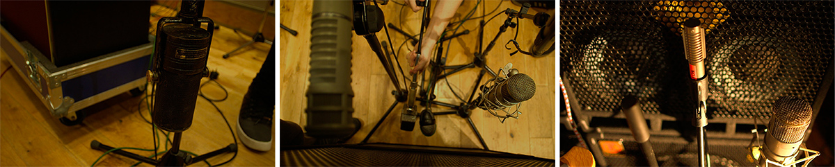 1. Melodium Type R. 2. Setting up mics for the session. 3. The Royer R-121 and U 47.