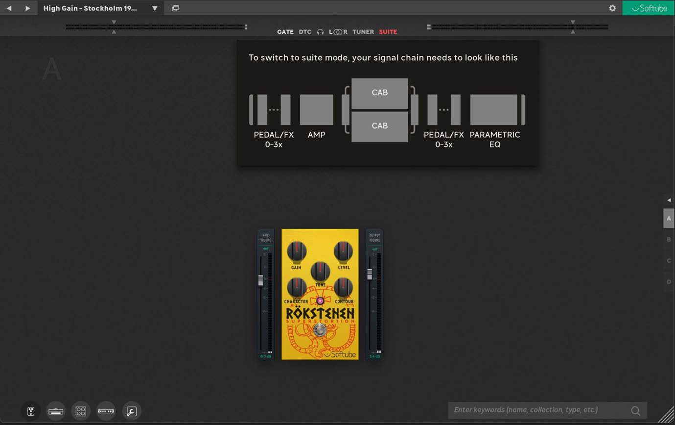 Image shows a non-Suite compatible “signal chain” in Studio mode, hence the Suite-button high-lighted in red.
