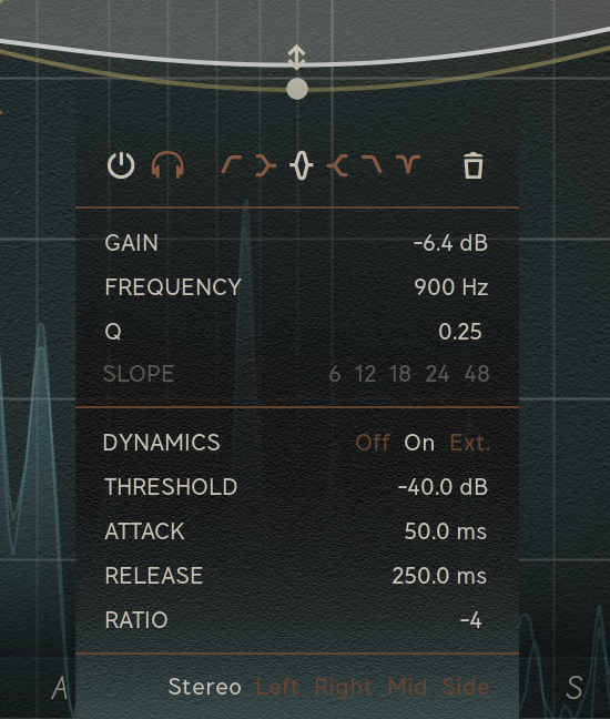 Dynamic bands get four more controls: Threshold, Attack, Release and Ratio.