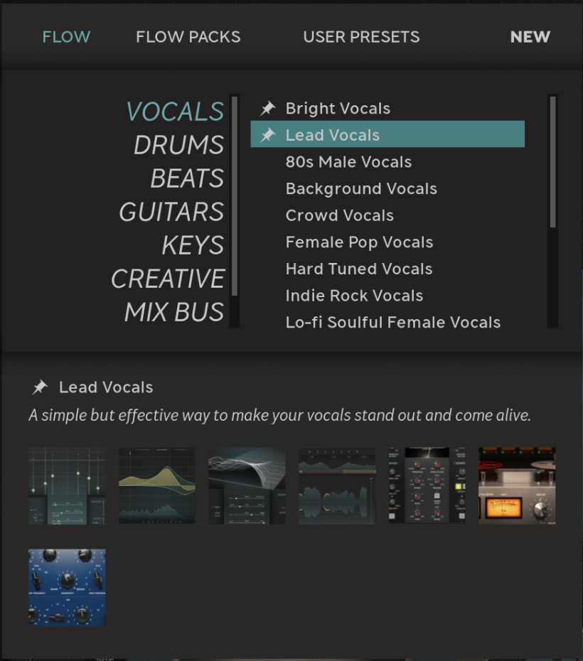 The Flow selector. Top: Select either the built-in Flows, the producer Flow Packs, your saved user presets or create a new signal chain. Right: Select the application (Vocals, Drums, etc) and a Flow. Bottom: A description of the current Flow. 