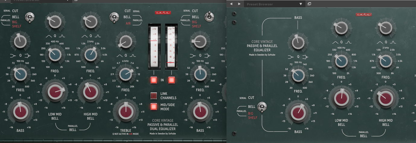 Core Vintage Dual Equalizer (left) and Core Vintage Equalizer (right).