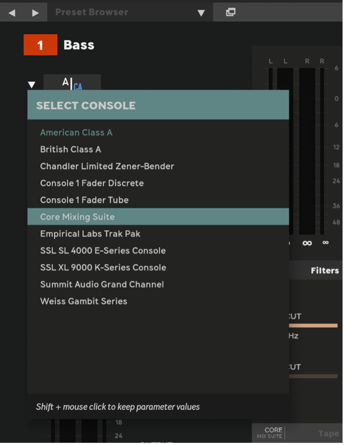 The plug-in window. Click the down arrows to change a console or section.