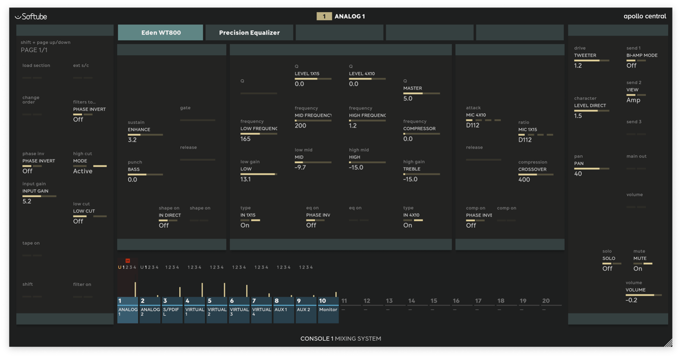 Console 1 in Apollo Central mode, with the Eden WT-800 plug-in selected on the Analog 1 channel.