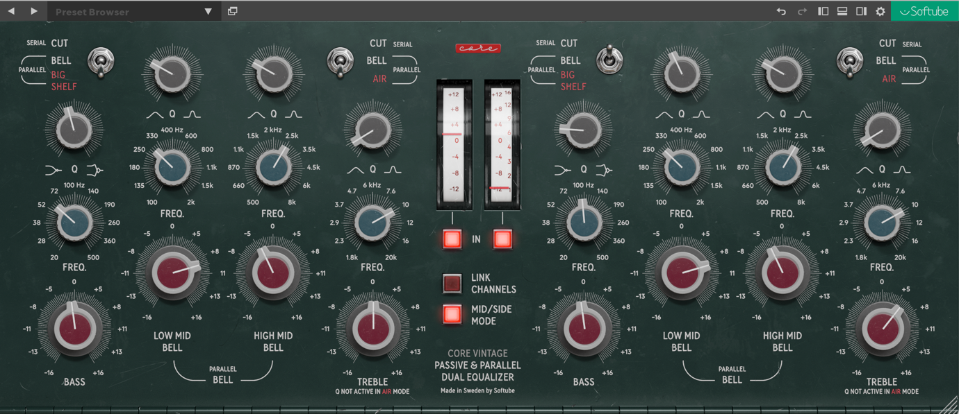 Core Vintage Dual Equalizer. Same parallel design as
the single Core Vintage Equalizer, but with separate controls for left
and right, or mid and side.