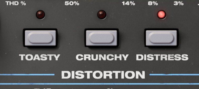 The distortion mode selector is the heart of Prof. Punch-Knuckles, with three distinct types of distortion. Toasty and Crunchy are modeled from the distortion circuits, the Distress mode is a combination of compression and distortion.