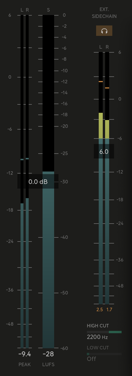 Input Panel with External Sidechain controls on the right-hand side. The button on the top is Sidechain Monitor, the Sidechain Gain is available as a slider on top of the meters, and the Filters are located below the meters.