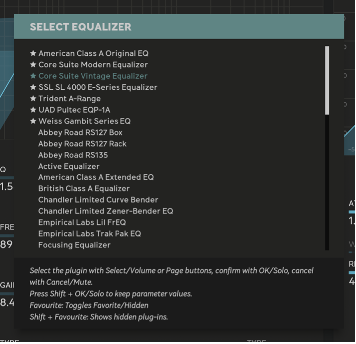 Select Equalizer menu, with the contextual instructions at the bottom.