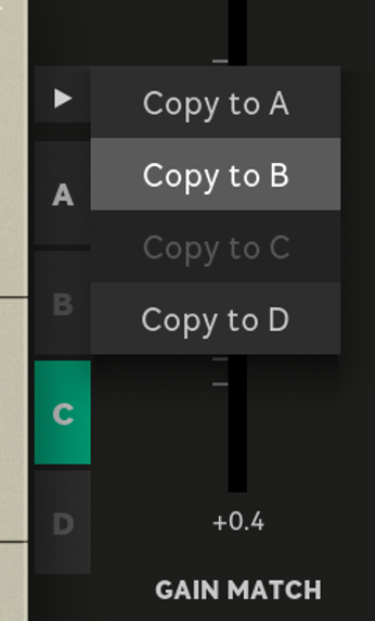 Copying the settings from the current state to another is done by clicking the right-pointing triangle above the four states and selecting an option in the menu that opens. This change cannot be undone!