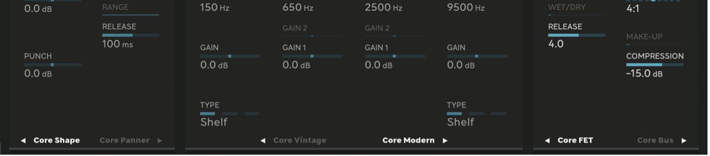 In this example, both equalizers are on (Core Vintage and Modern), as indicated by the white arrows next to the titles. In the shape section, the Core Shape is on and selected, while the Core Panner is turned off.