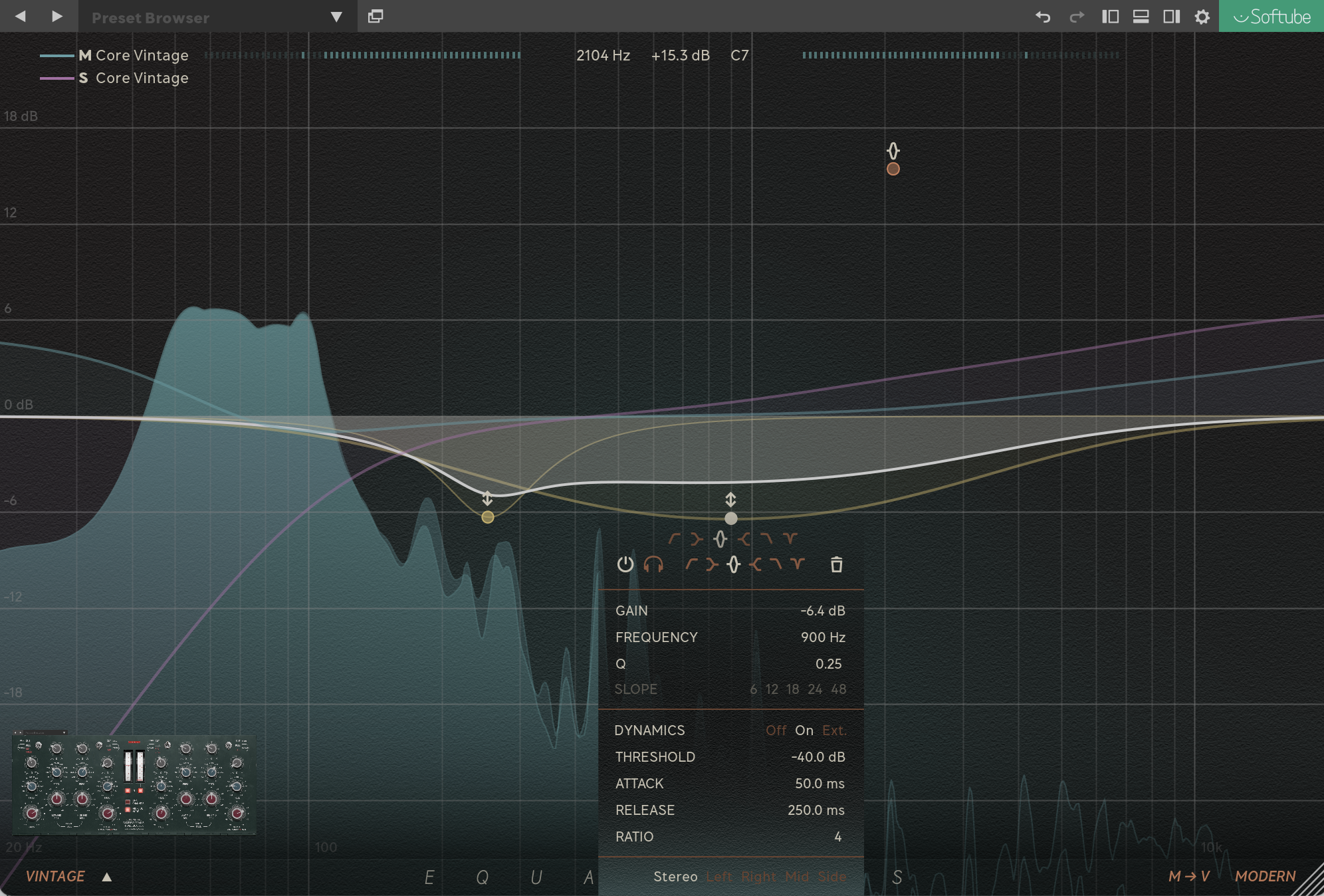 Equalizers with a modern dynamic band (yellow curve) and the Core Vintage Dual Equalizer loaded.